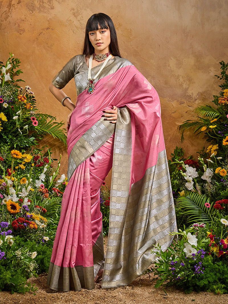 Woven Work Silk Blend Pink Saree - Monjolika Fashion