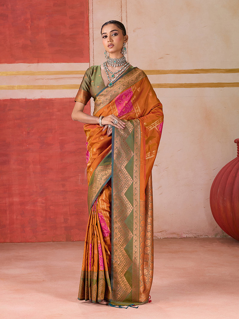Silk Blend woven Work Orange Saree - Monjolika Fashion