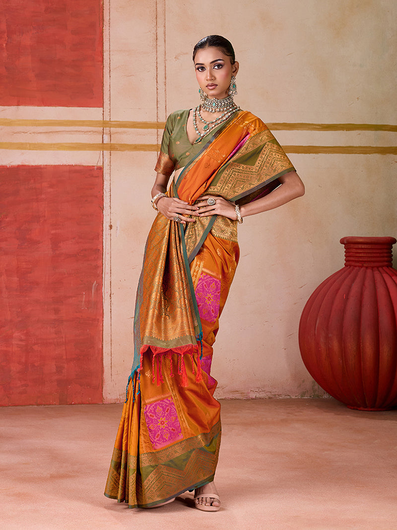 Silk Blend woven Work Orange Saree - Monjolika Fashion