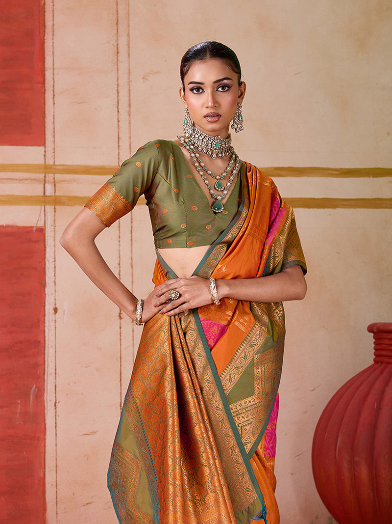 Silk Blend woven Work Orange Saree - Monjolika Fashion
