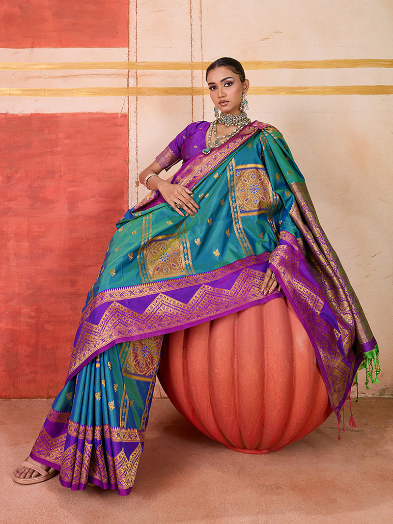 Silk Blend woven Work Teal Saree - Monjolika Fashion