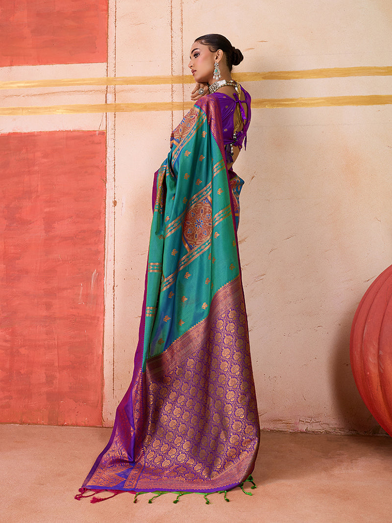 Silk Blend woven Work Teal Saree - Monjolika Fashion