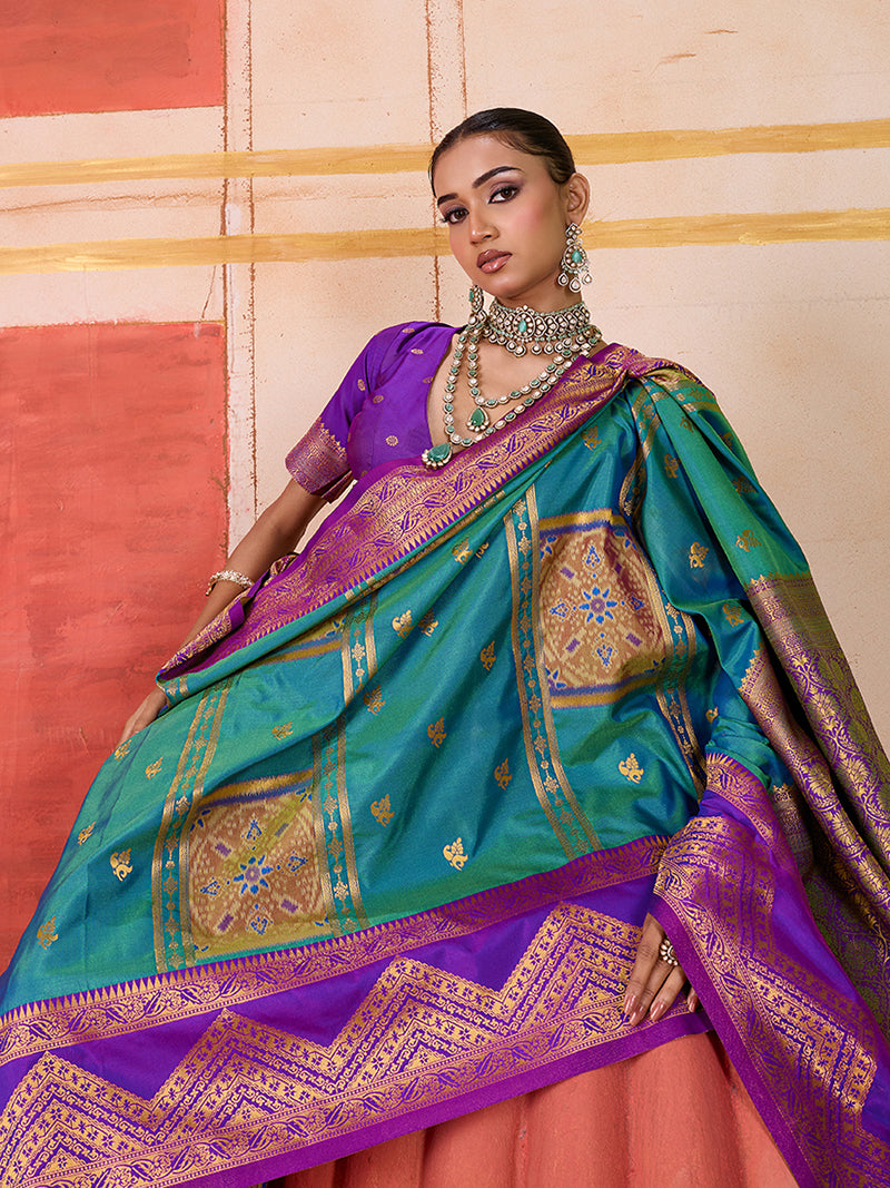 Silk Blend woven Work Teal Saree - Monjolika Fashion