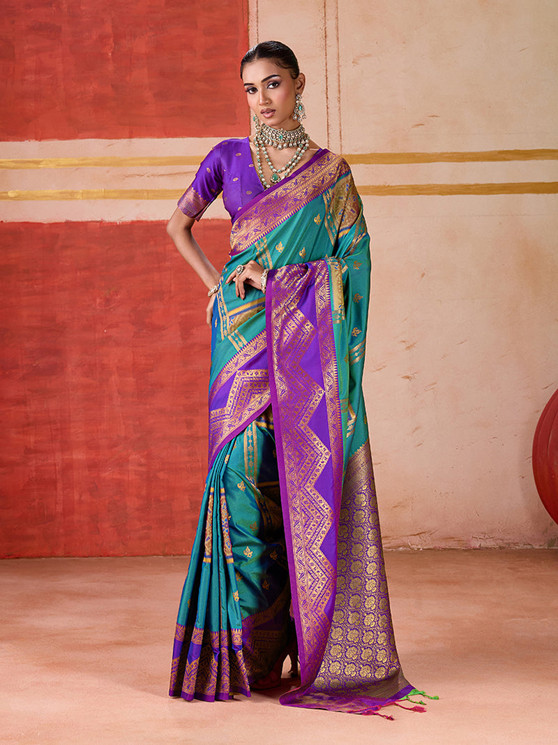 Silk Blend woven Work Teal Saree - Monjolika Fashion