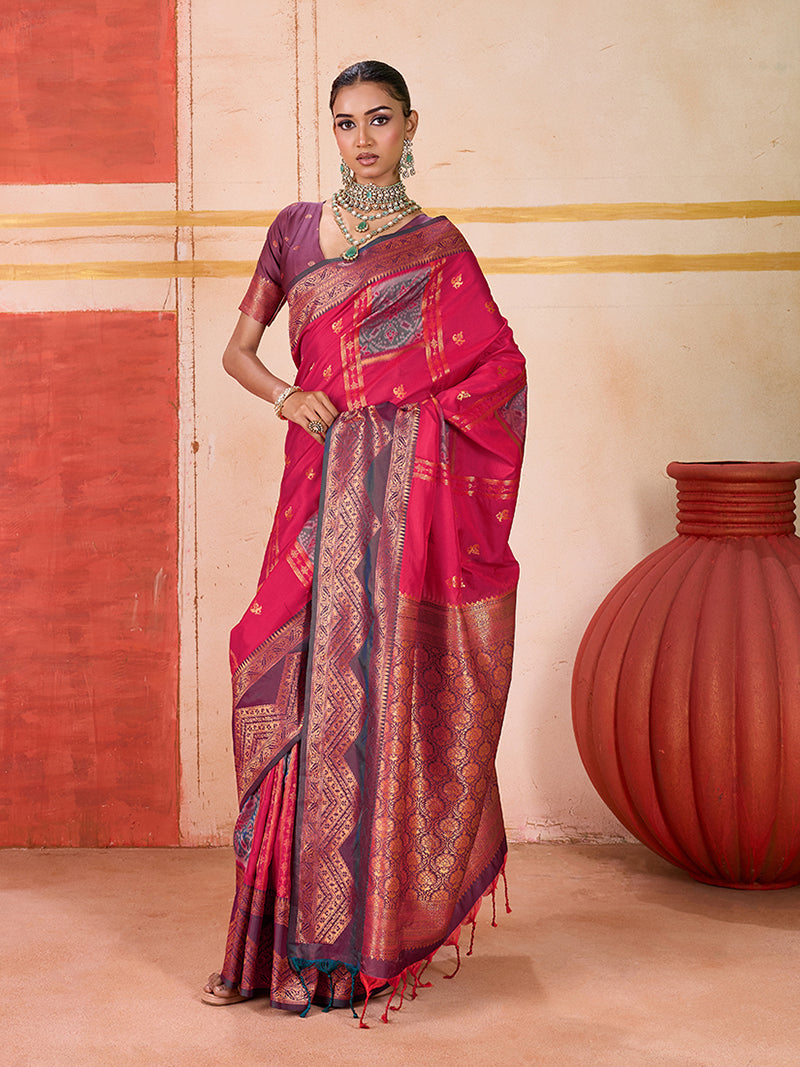 Silk Blend woven Work Rani Pink Saree - Monjolika Fashion