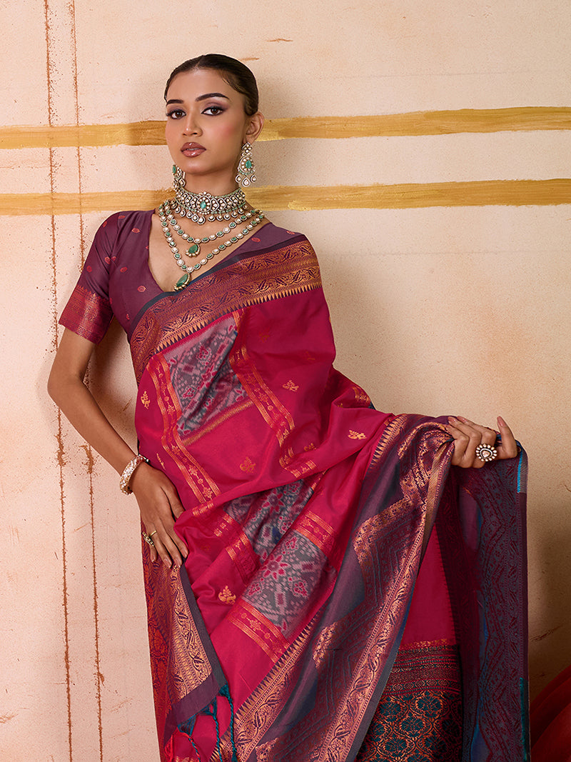 Silk Blend woven Work Rani Pink Saree - Monjolika Fashion