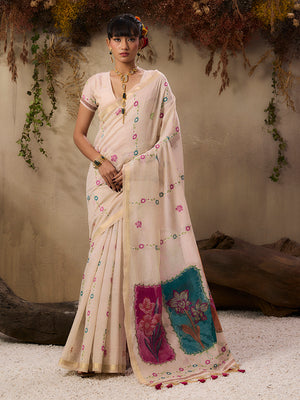 Cotton Blend woven Cream Color Saree
