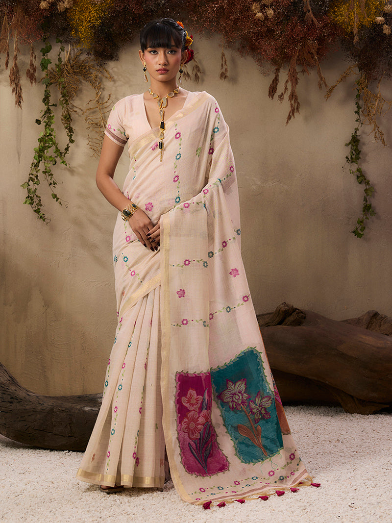 Cotton Blend woven Cream Color Saree - Monjolika Fashion