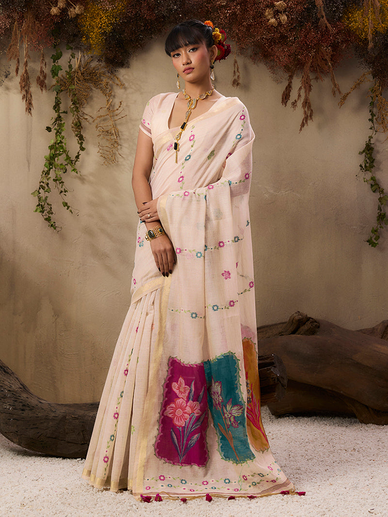 Cotton Blend woven Cream Color Saree - Monjolika Fashion