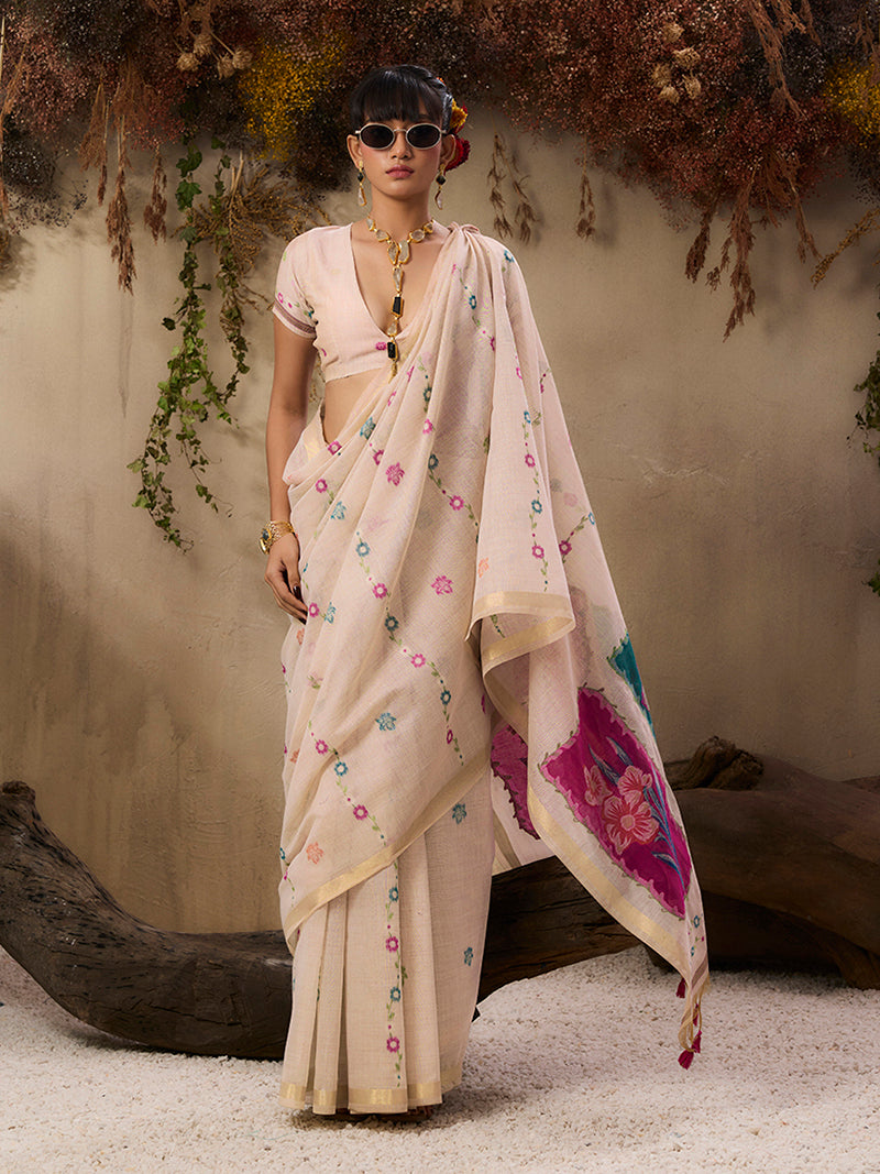 Cotton Blend woven Cream Color Saree - Monjolika Fashion