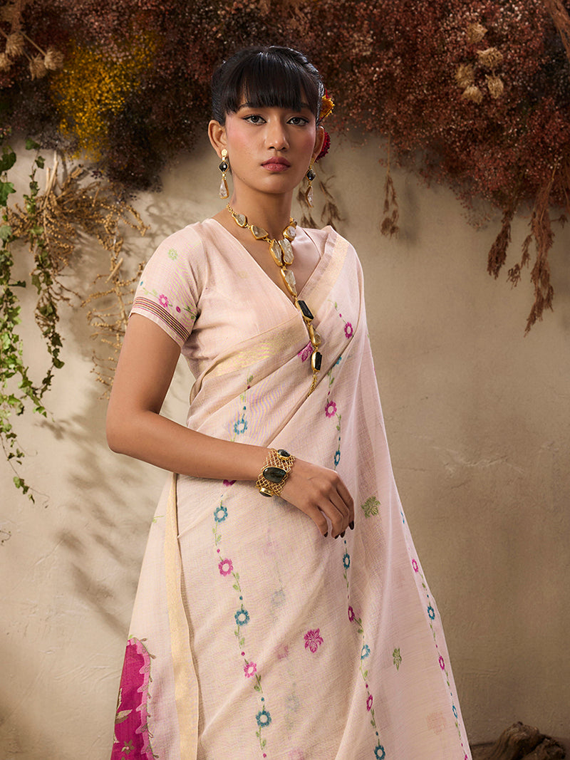 Cotton Blend woven Cream Color Saree - Monjolika Fashion