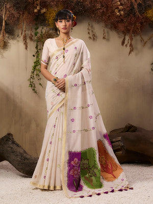 Cotton Blend woven Print Cream Saree