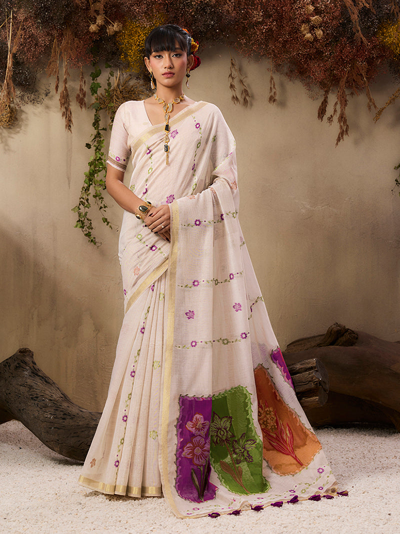 Cotton Blend woven Print Cream Saree - Monjolika Fashion