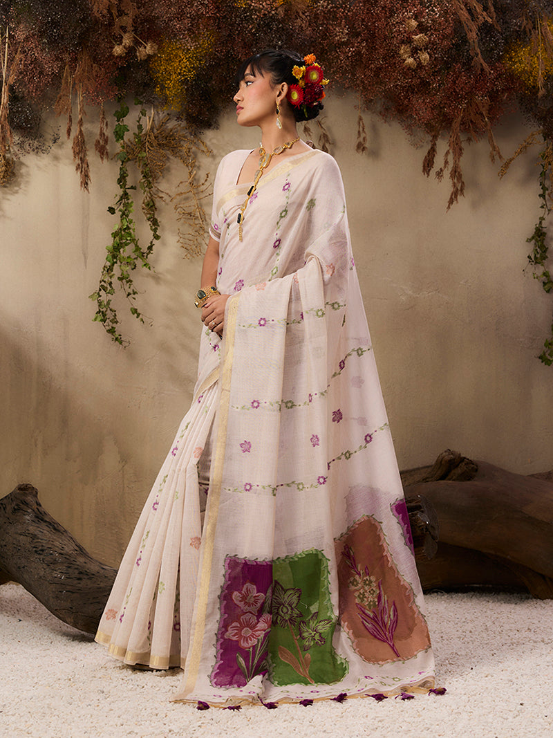 Cotton Blend woven Print Cream Saree - Monjolika Fashion