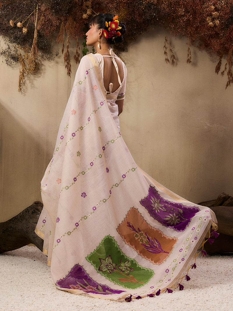 Cotton Blend woven Print Cream Saree - Monjolika Fashion