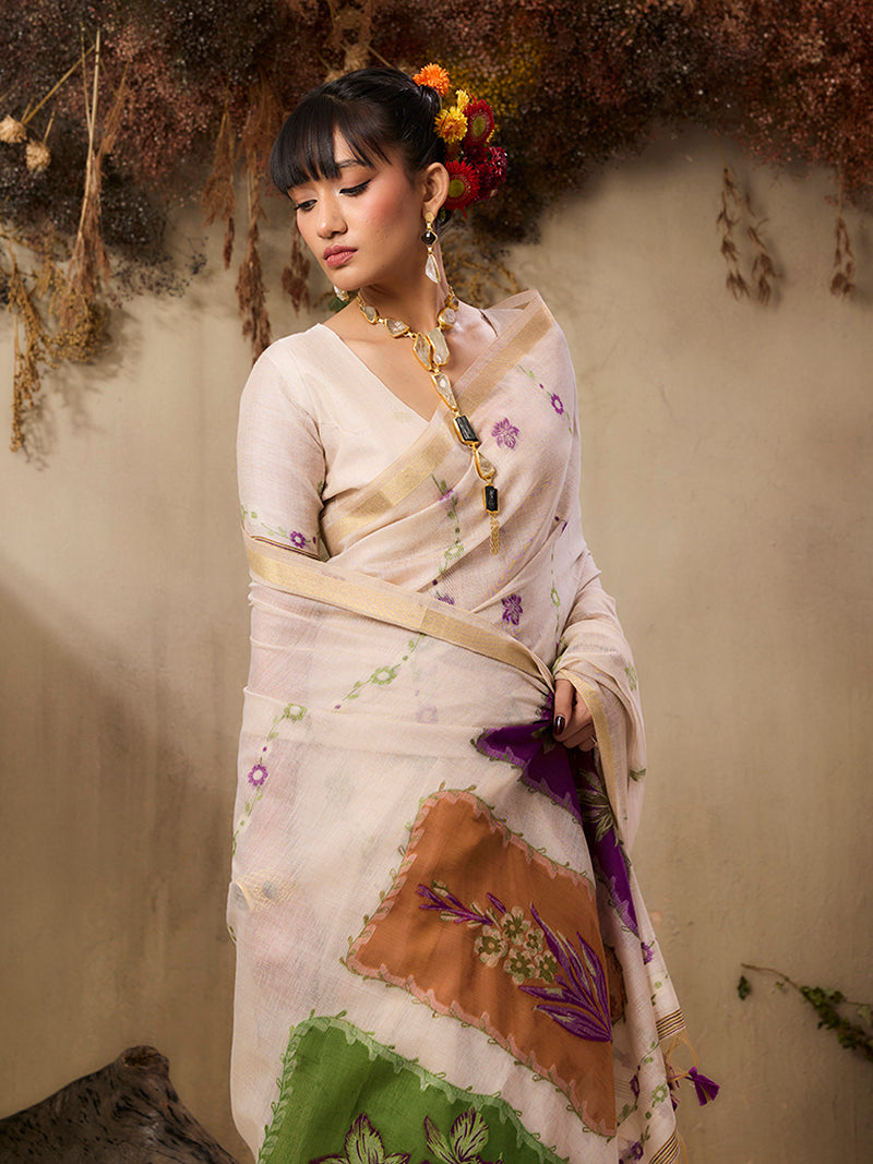 Cotton Blend woven Print Cream Saree - Monjolika Fashion
