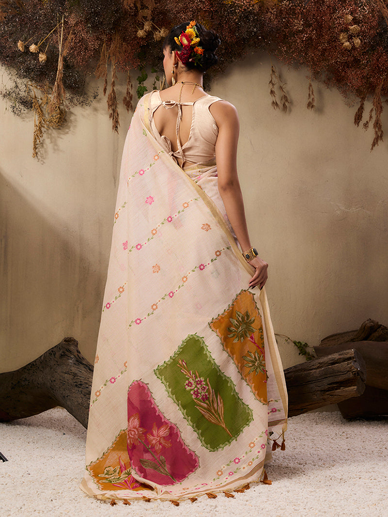 Cream Color Cotton Blend Saree - Monjolika Fashion