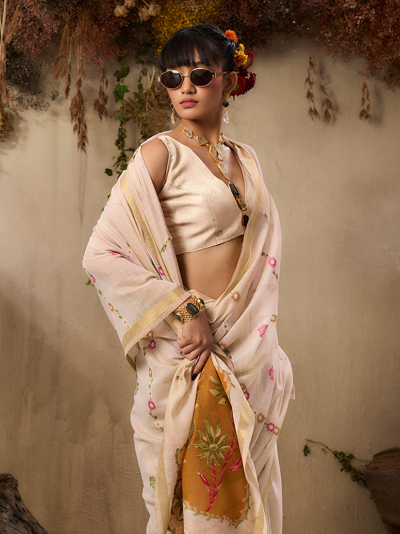 Cream Color Cotton Blend Saree - Monjolika Fashion