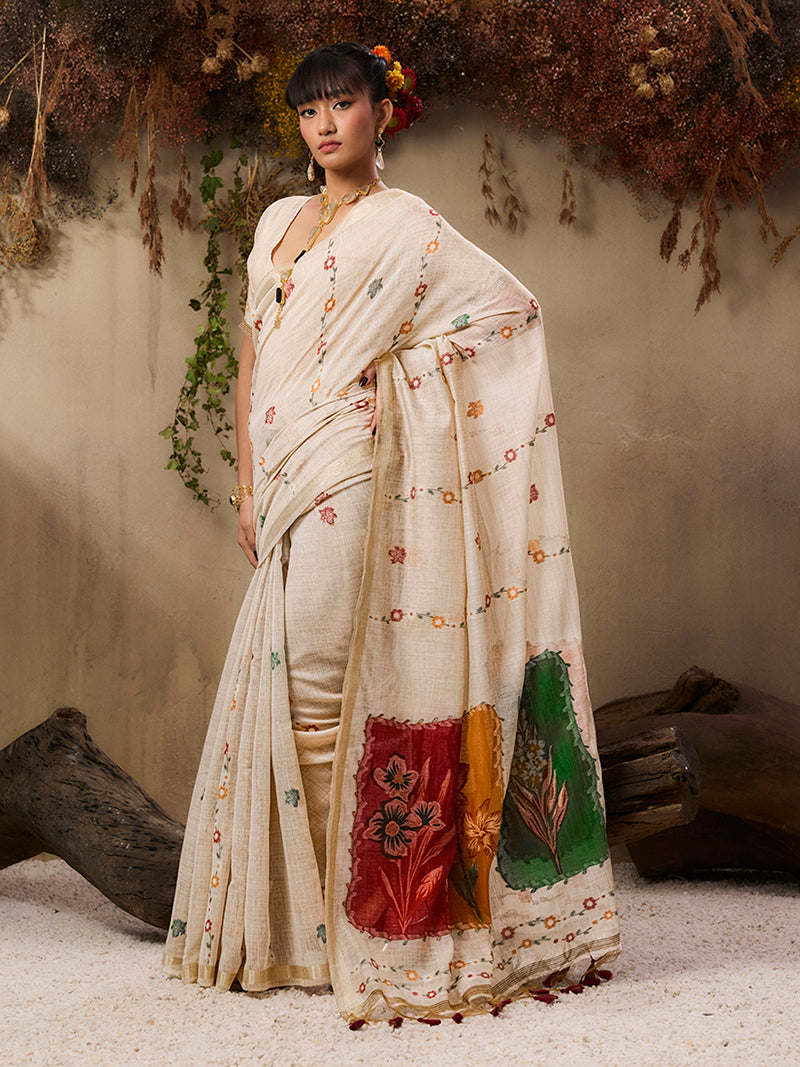 Cotton Blend woven Cream Classic Saree - Monjolika Fashion