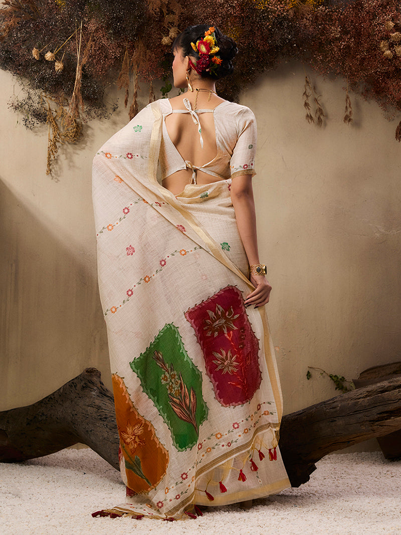 Cotton Blend woven Cream Classic Saree - Monjolika Fashion