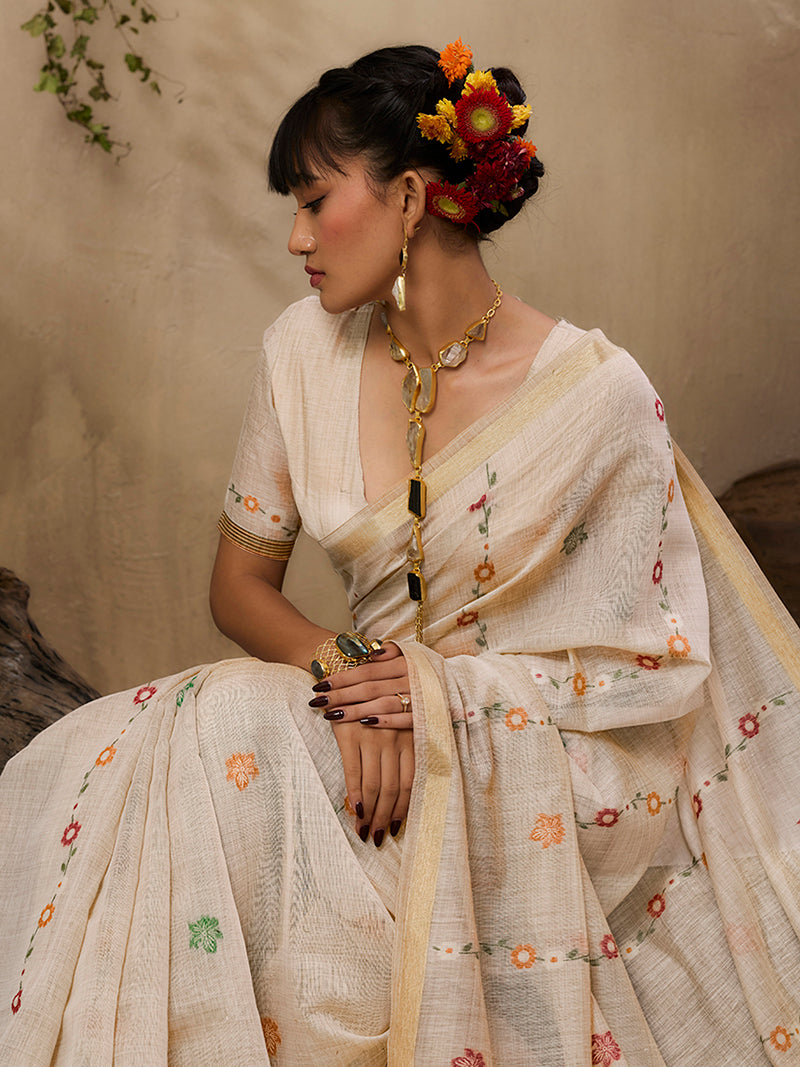 Cotton Blend woven Cream Classic Saree - Monjolika Fashion