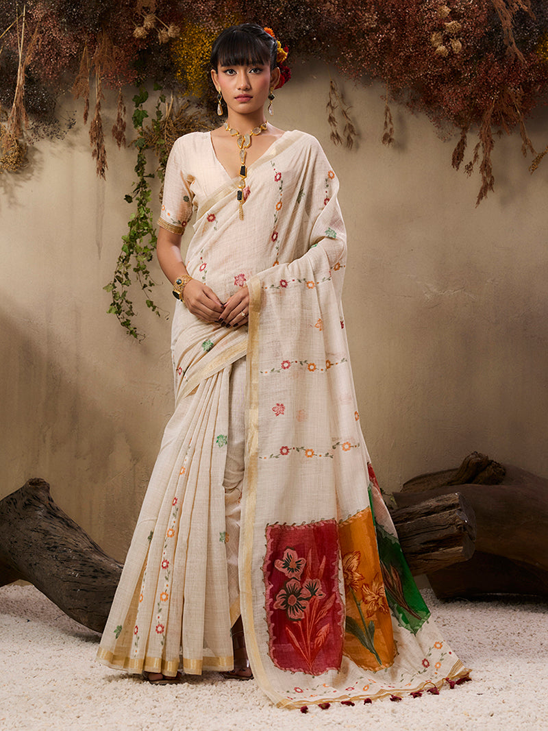 Cotton Blend woven Cream Classic Saree - Monjolika Fashion