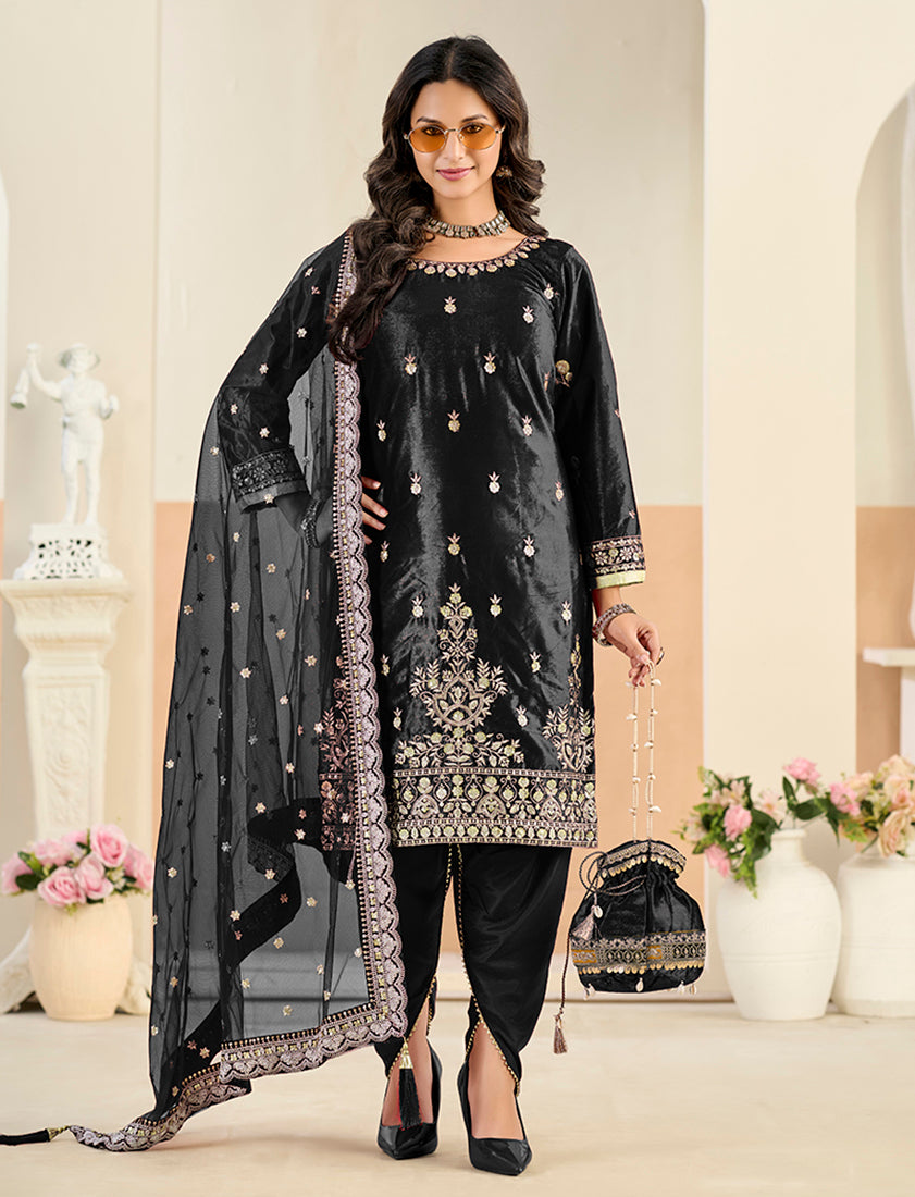 Embroidered Velvet Punjabi Suit in Black - Monjolika Fashion
