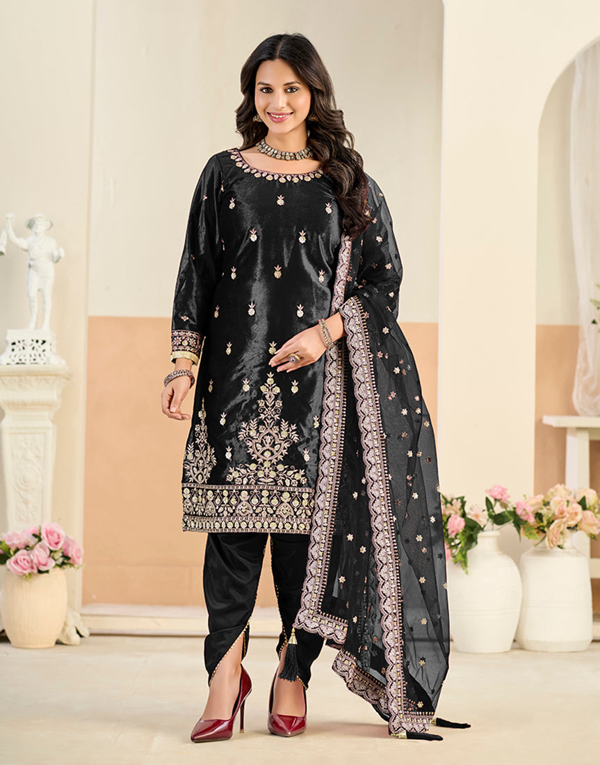 Embroidered Velvet Punjabi Suit in Black - Monjolika Fashion