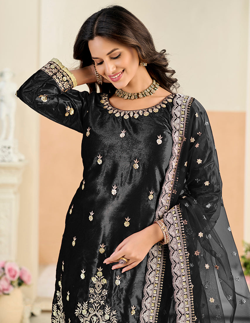 Embroidered Velvet Punjabi Suit in Black - Monjolika Fashion