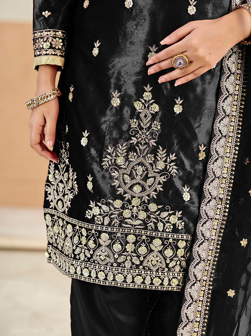 Embroidered Velvet Punjabi Suit in Black - Monjolika Fashion