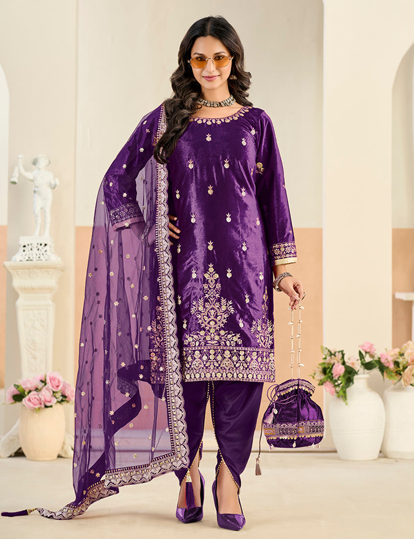 Embroidered Velvet Punjabi Suit in Purple - Monjolika Fashion