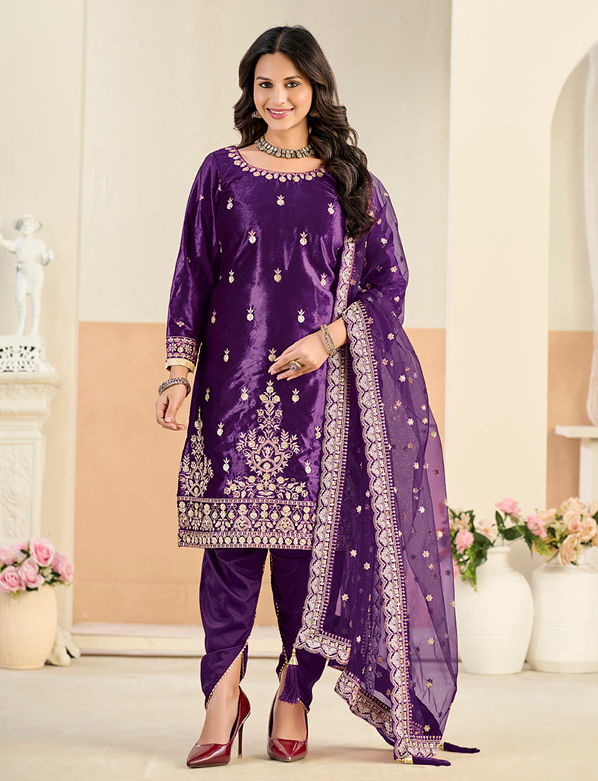 Embroidered Velvet Punjabi Suit in Purple - Monjolika Fashion