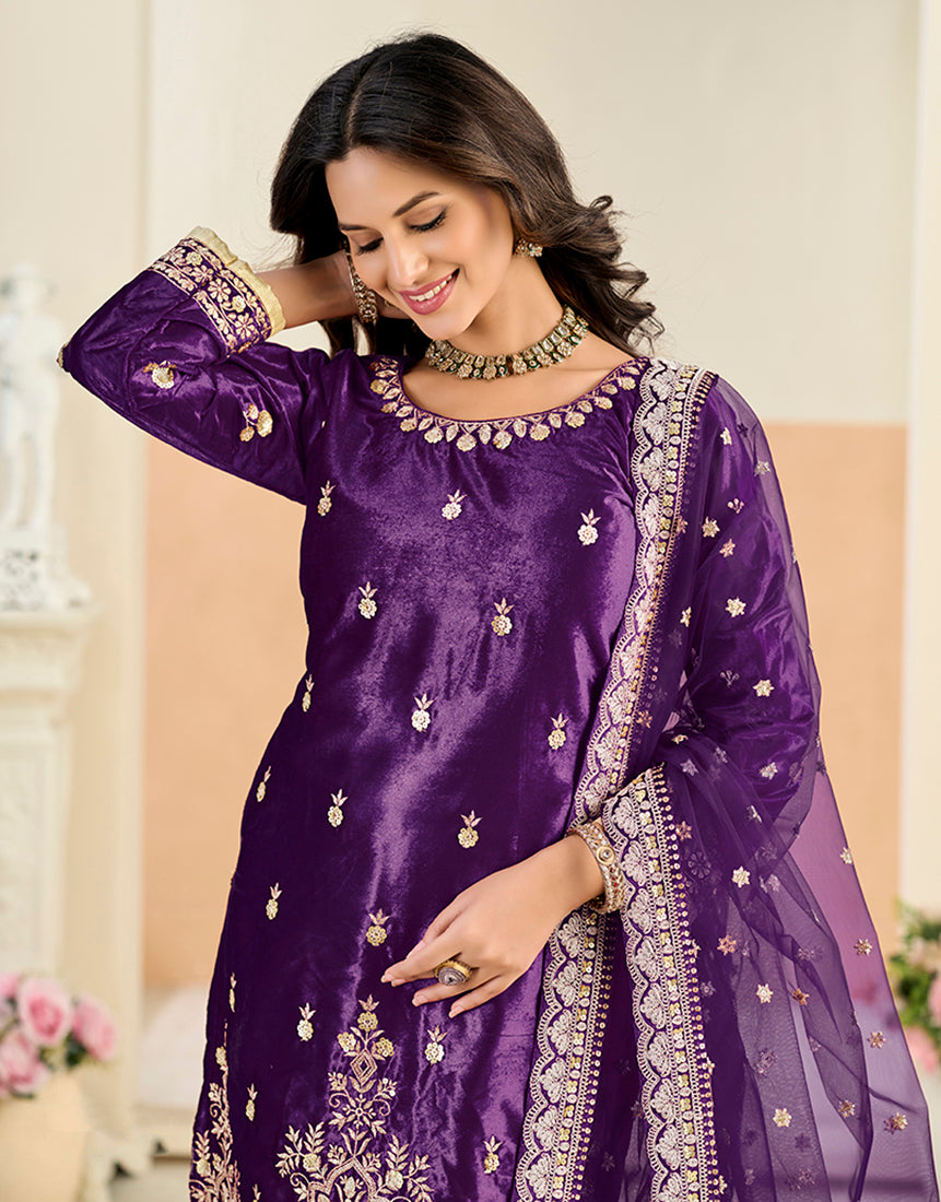 Embroidered Velvet Punjabi Suit in Purple - Monjolika Fashion
