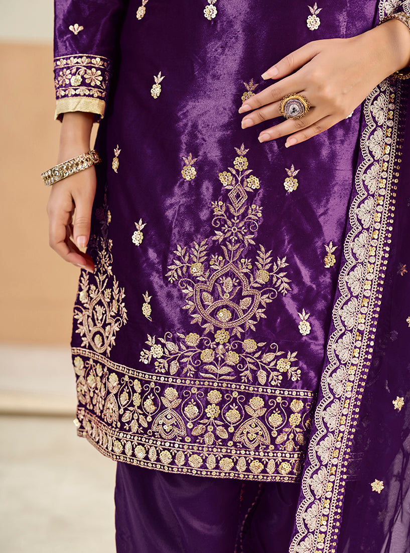 Embroidered Velvet Punjabi Suit in Purple - Monjolika Fashion