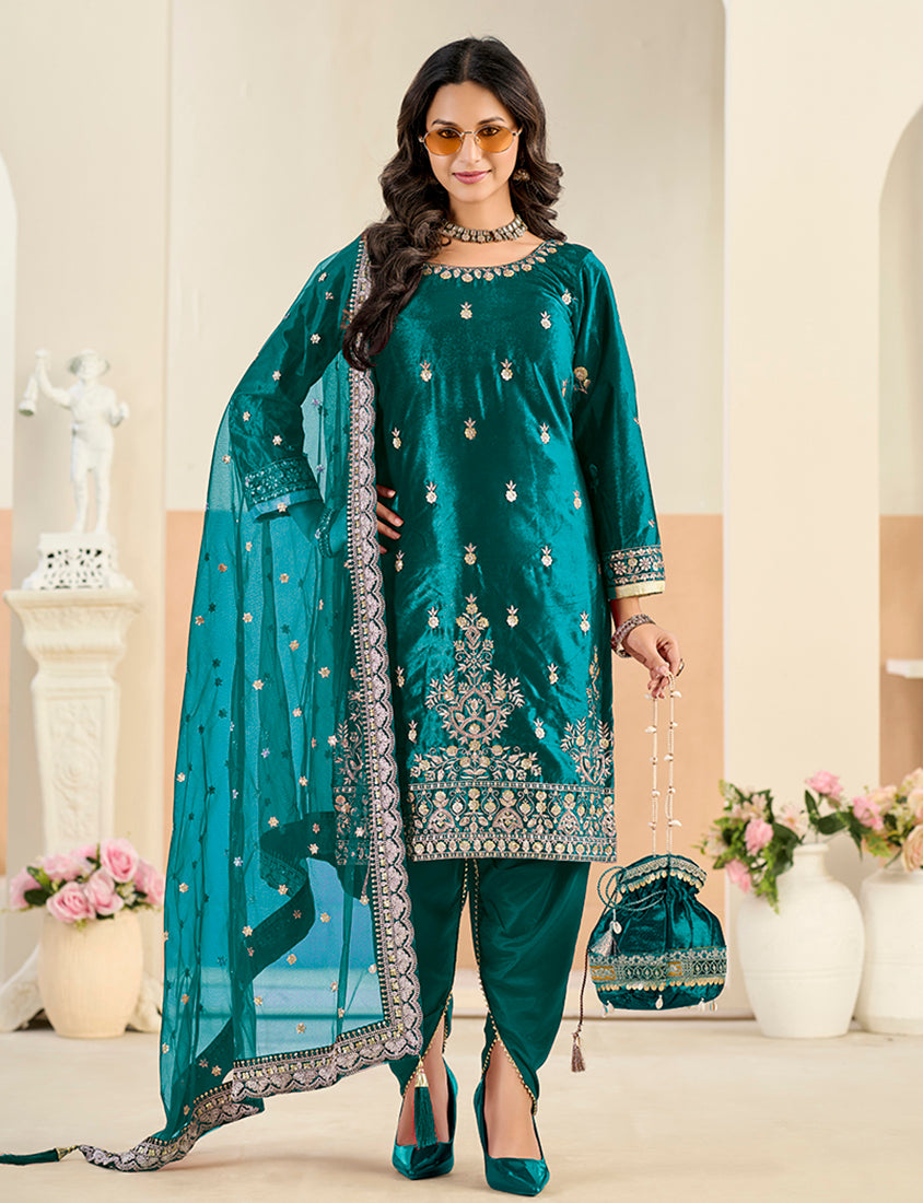 Embroidered Velvet Punjabi Suit in Teal - Monjolika Fashion