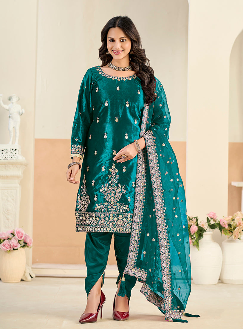 Embroidered Velvet Punjabi Suit in Teal - Monjolika Fashion