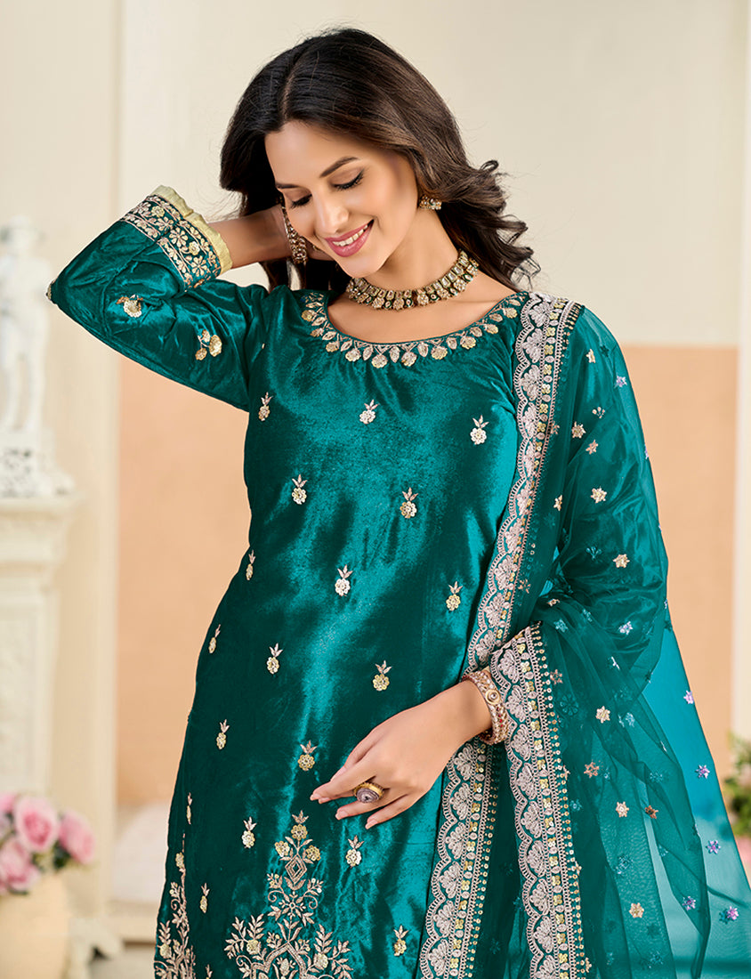 Embroidered Velvet Punjabi Suit in Teal - Monjolika Fashion