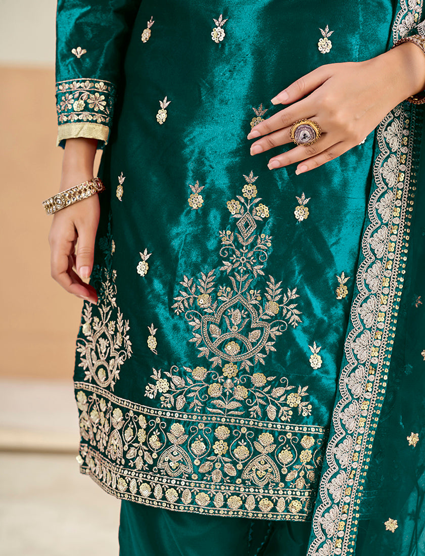 Embroidered Velvet Punjabi Suit in Teal - Monjolika Fashion