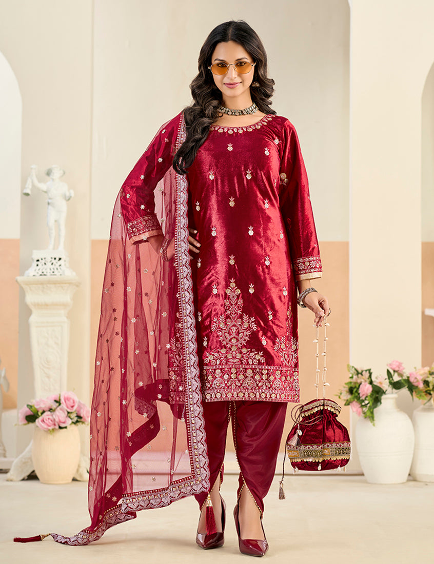 Embroidered Velvet Punjabi Suit in Maroon - Monjolika Fashion