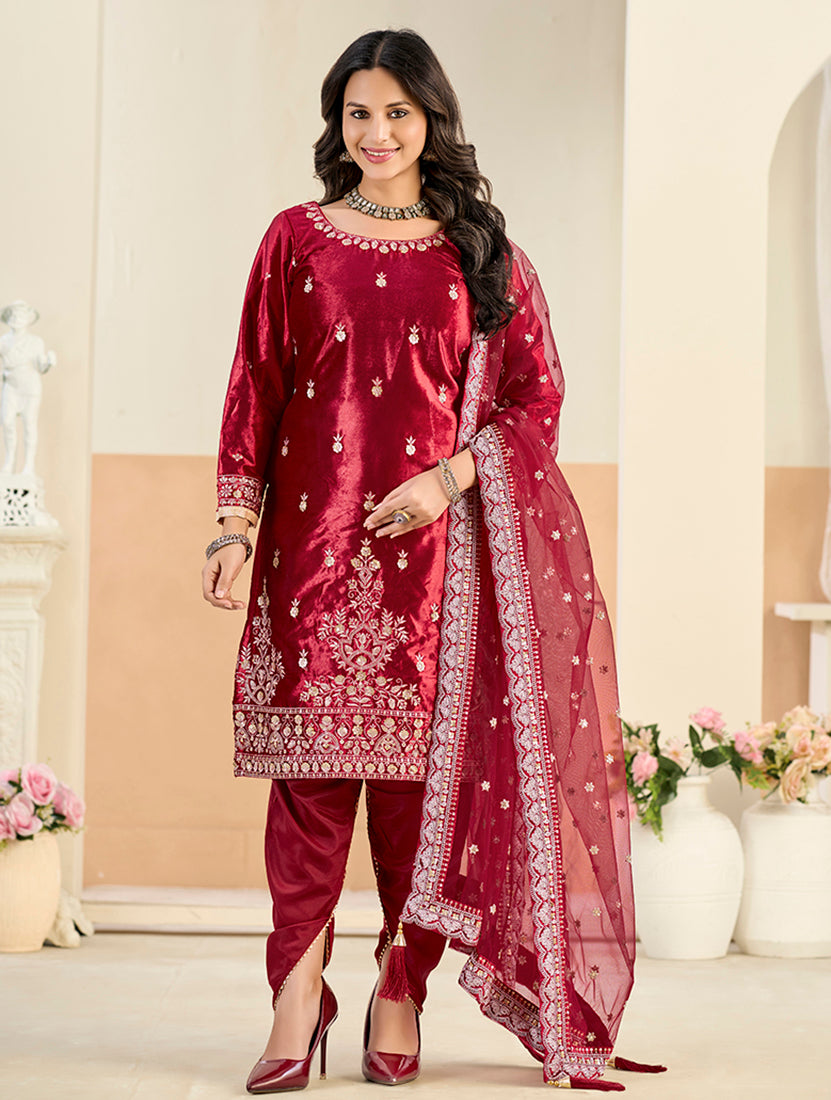 Embroidered Velvet Punjabi Suit in Maroon - Monjolika Fashion