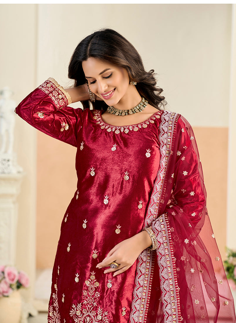 Embroidered Velvet Punjabi Suit in Maroon - Monjolika Fashion