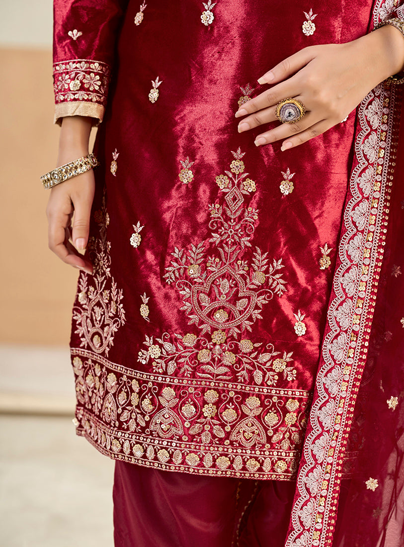Embroidered Velvet Punjabi Suit in Maroon - Monjolika Fashion