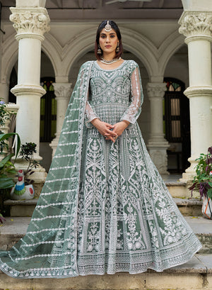 Sea Green Embroidered Net Gown with Dupatta