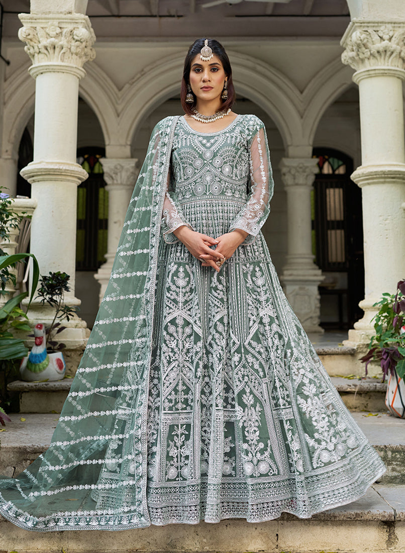 Sea Green Embroidered Net Gown with Dupatta - Monjolika Fashion