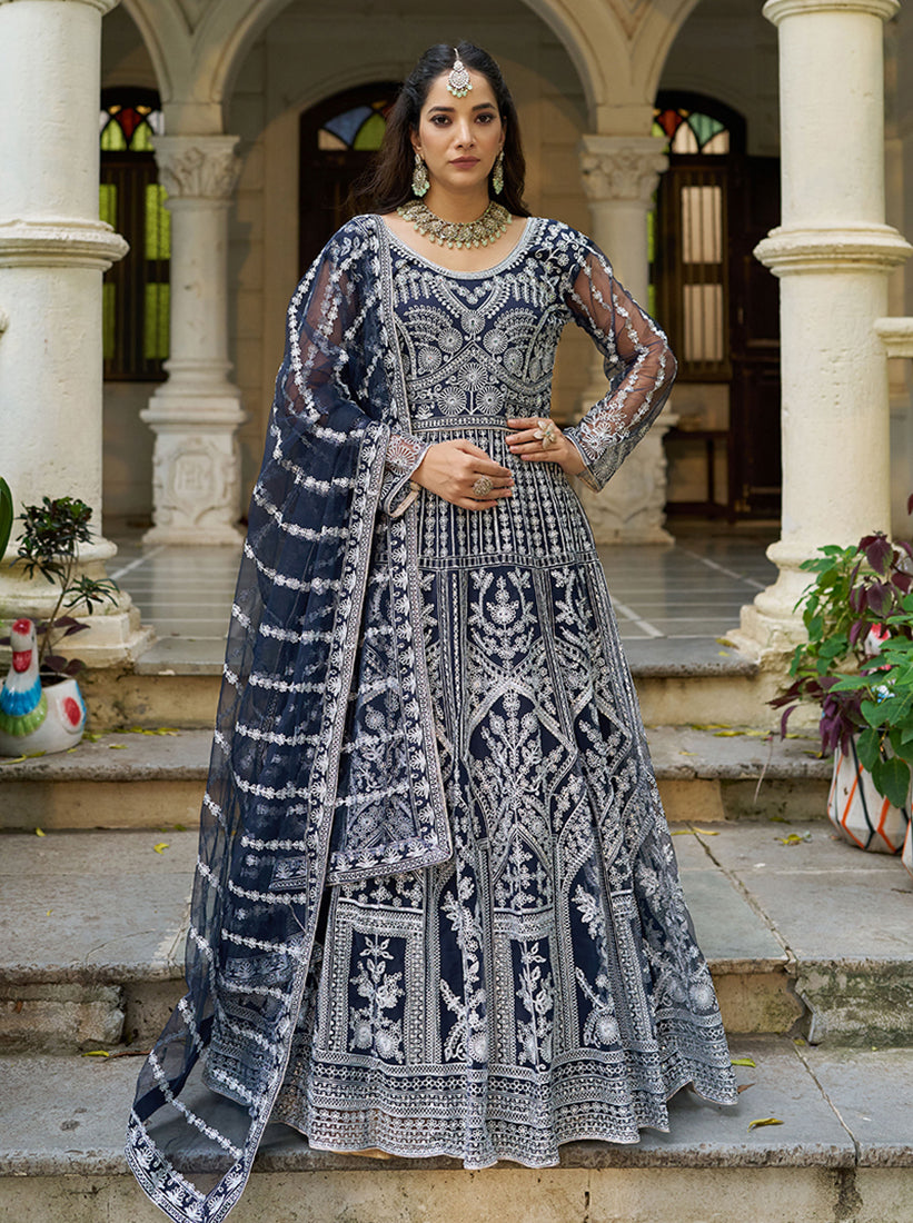 Navy Blue Embroidered Net Gown with Dupatta - Monjolika Fashion