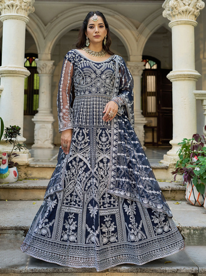 Navy Blue Embroidered Net Gown with Dupatta - Monjolika Fashion