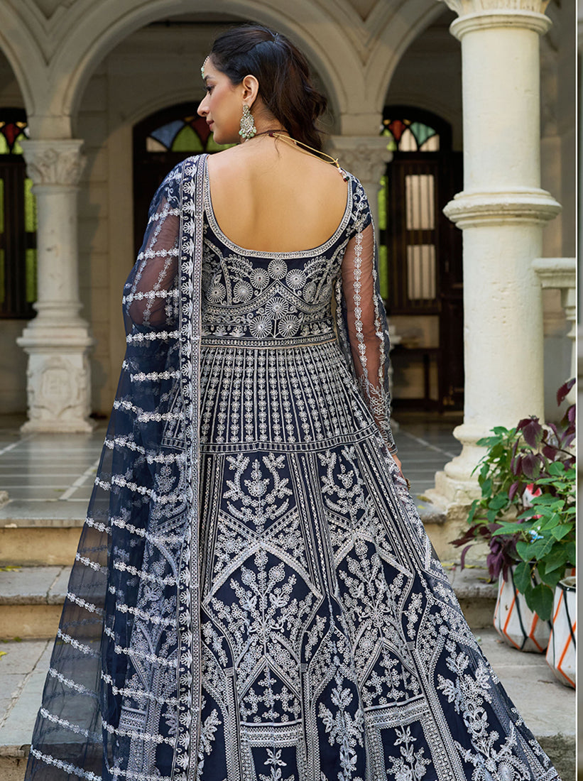 Navy Blue Embroidered Net Gown with Dupatta - Monjolika Fashion
