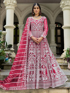 Rani Pink Embroidered Net Gown with Dupatta
