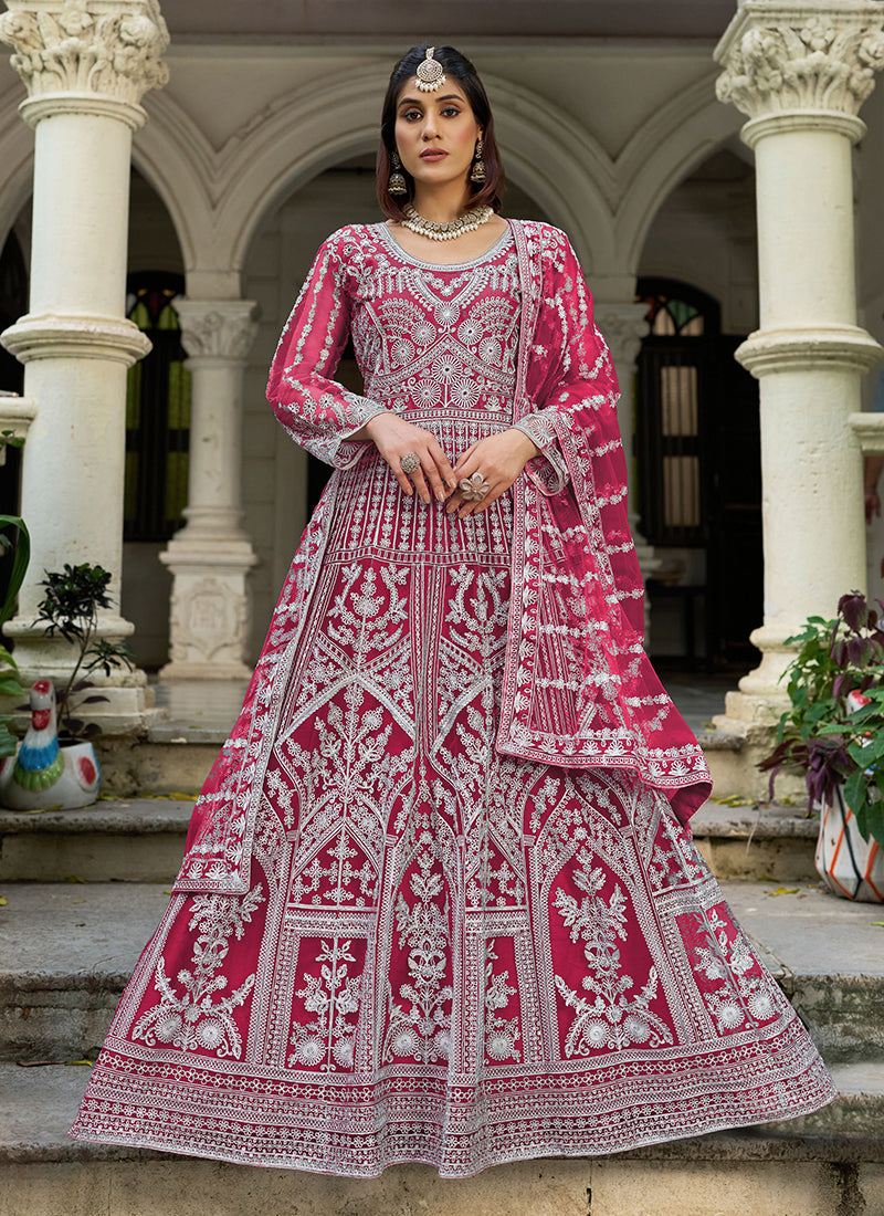 Rani Pink Embroidered Net Gown with Dupatta - Monjolika Fashion