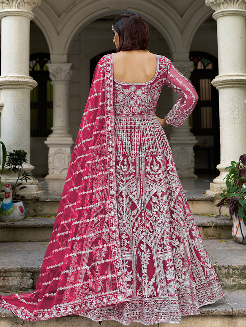 Rani Pink Embroidered Net Gown with Dupatta - Monjolika Fashion